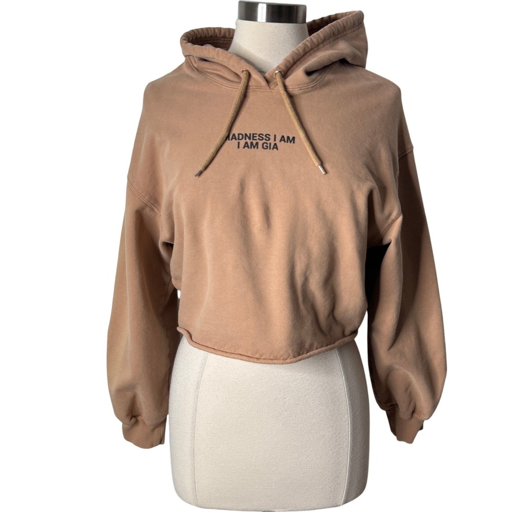 I Am Gia Madness I Am Hoodie Sweatshirt In Nude Tan Graphic Raw Hem Womens Small